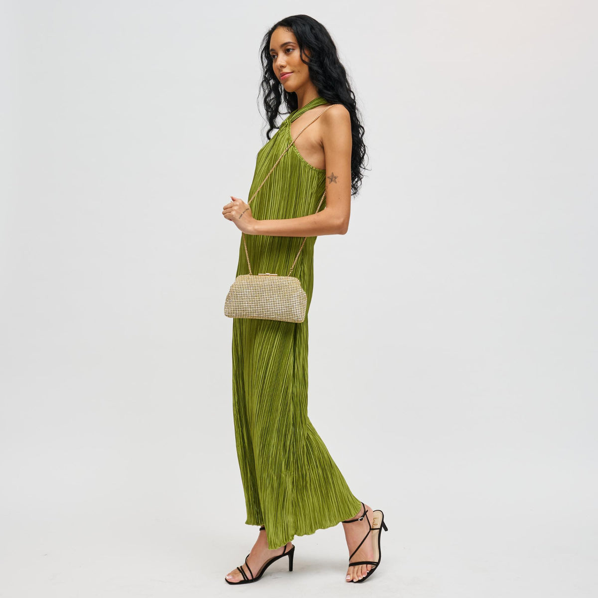 Woman wearing Gold Urban Expressions Delfina Evening Bag 840611198662 View 3 | Gold