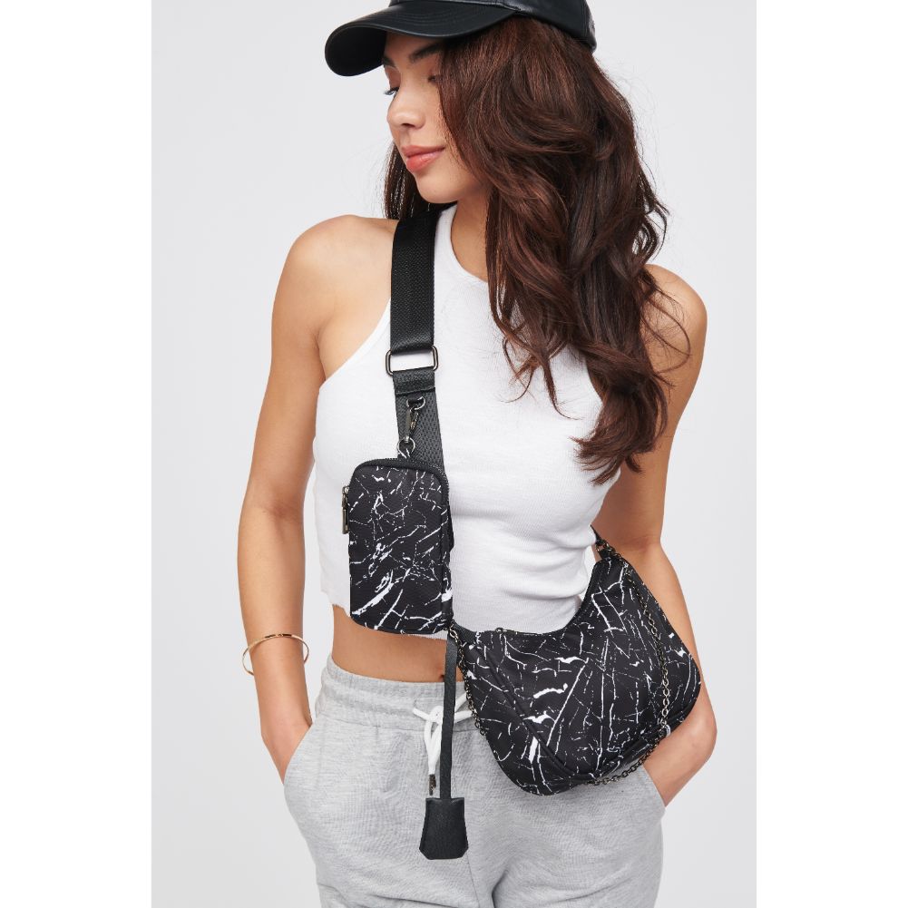 Woman wearing Black White Marble Urban Expressions Joss - Nylon Crossbody 818209010634 View 2 | Black White Marble