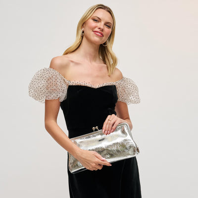 Woman wearing Silver Urban Expressions Kristin - Metallic Clutch 840504200649 View 1 | Silver