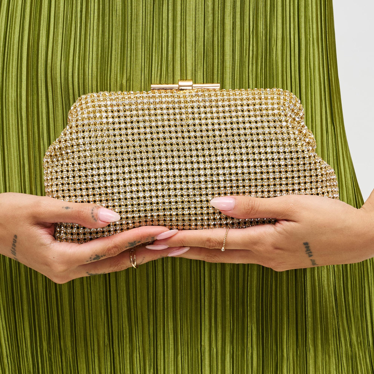 Woman wearing Gold Urban Expressions Delfina Evening Bag 840611198662 View 4 | Gold
