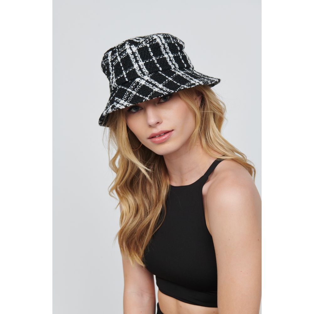 Woman wearing Black White Urban Expressions Plaid Bucket Hat Bucket Hat 818209014717 View 2 | Black White