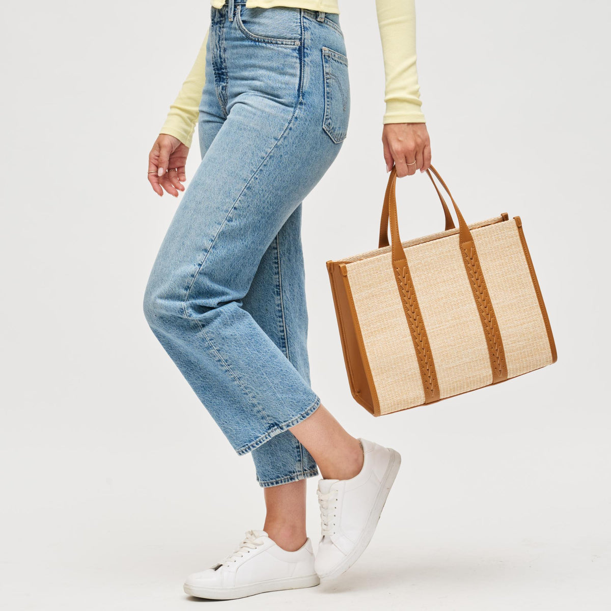 Woman wearing Tan Urban Expressions Svetlana Tote 840611196361 View 2 | Tan