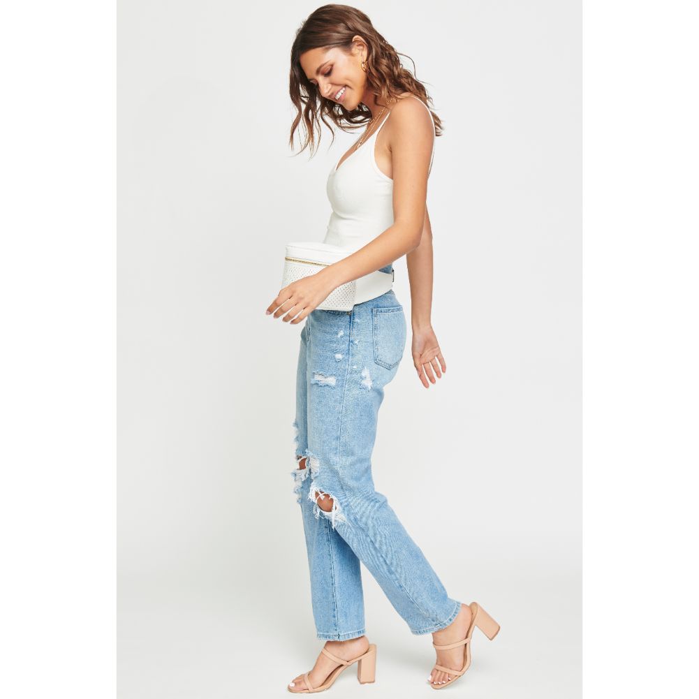 Woman wearing White Urban Expressions Hawthorn - Perforated Belt Bag NA-840611158628 View 3 | White