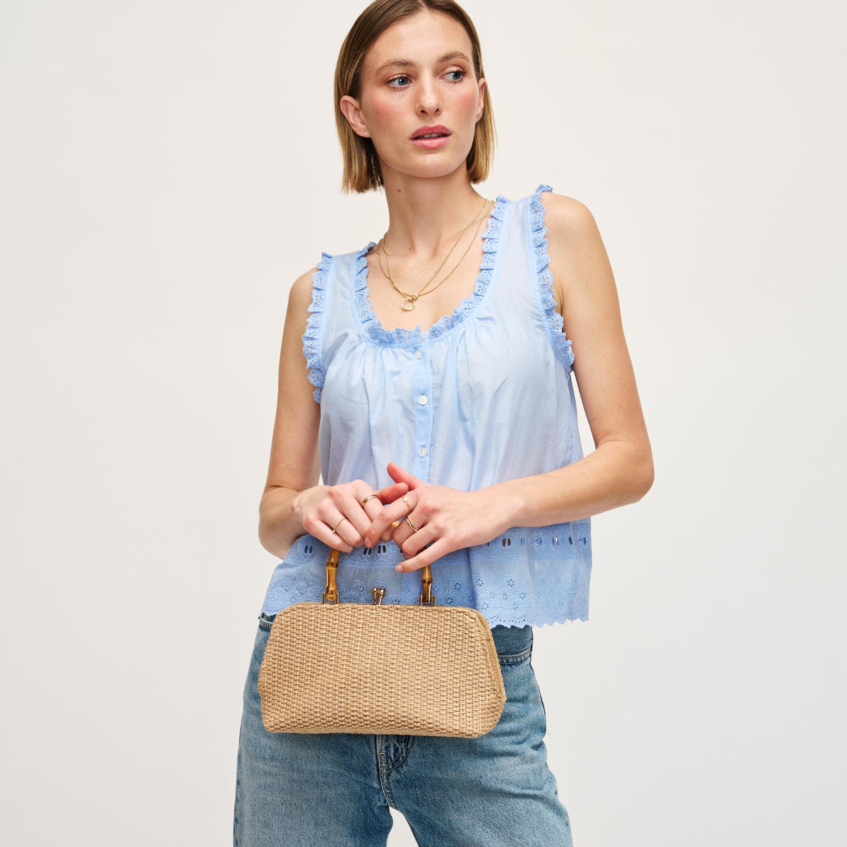 Woman wearing Natural Urban Expressions Lucy - Straw Crossbody 840611154378 View 2 | Natural