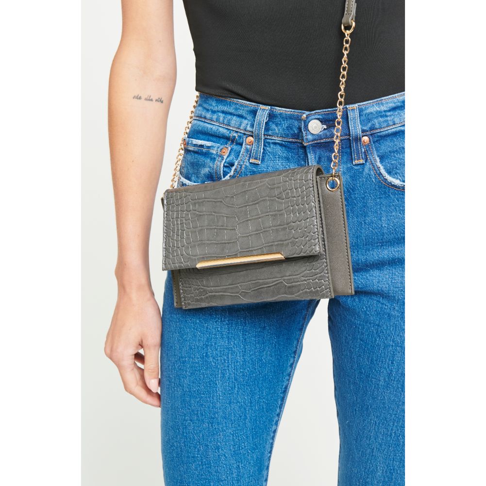Woman wearing Gunmetal Urban Expressions Asher Croc Crossbody 840611165381 View 2 | Gunmetal