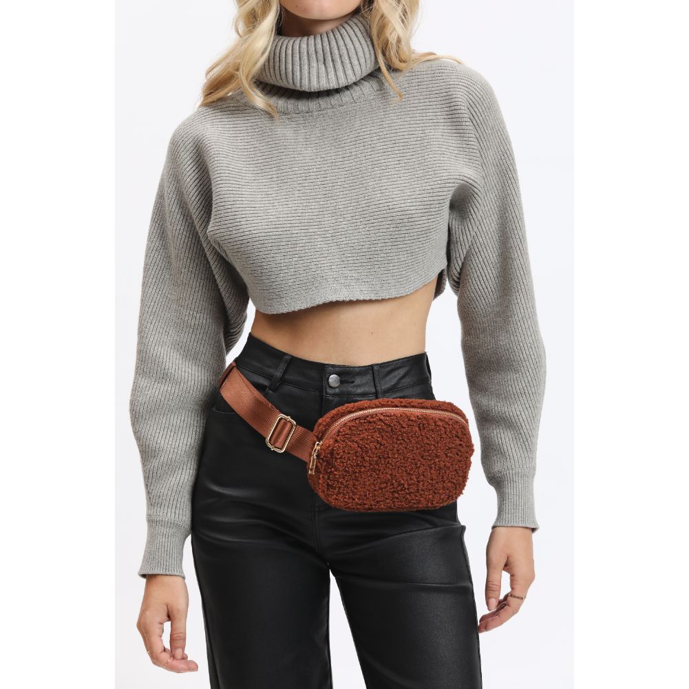 Woman wearing Tan Urban Expressions Santi Belt Bag 840611190451 View 3 | Tan