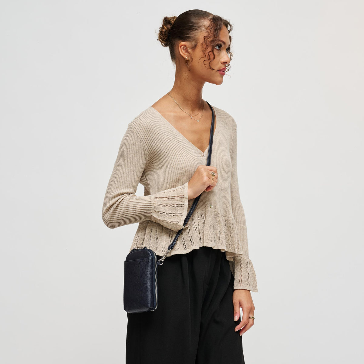 Woman wearing Midnight Urban Expressions Karen Cell Phone Crossbody 840504212772 View 3 | Midnight