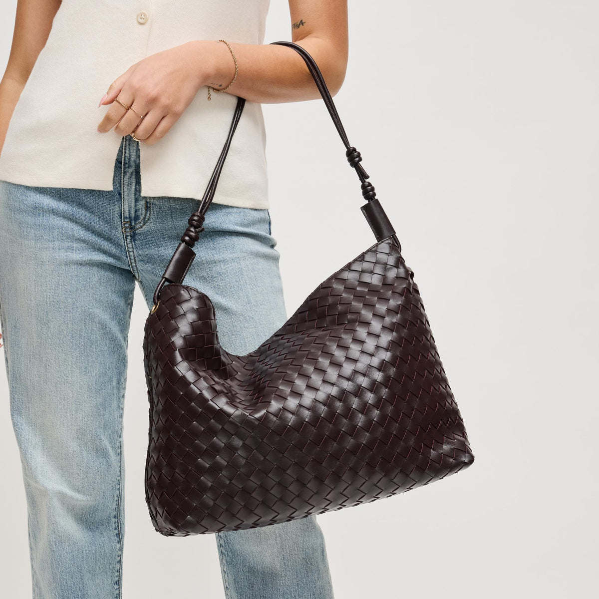 Woman wearing Chocolate Urban Expressions Theo Hobo 840504205583 View 1 | Chocolate
