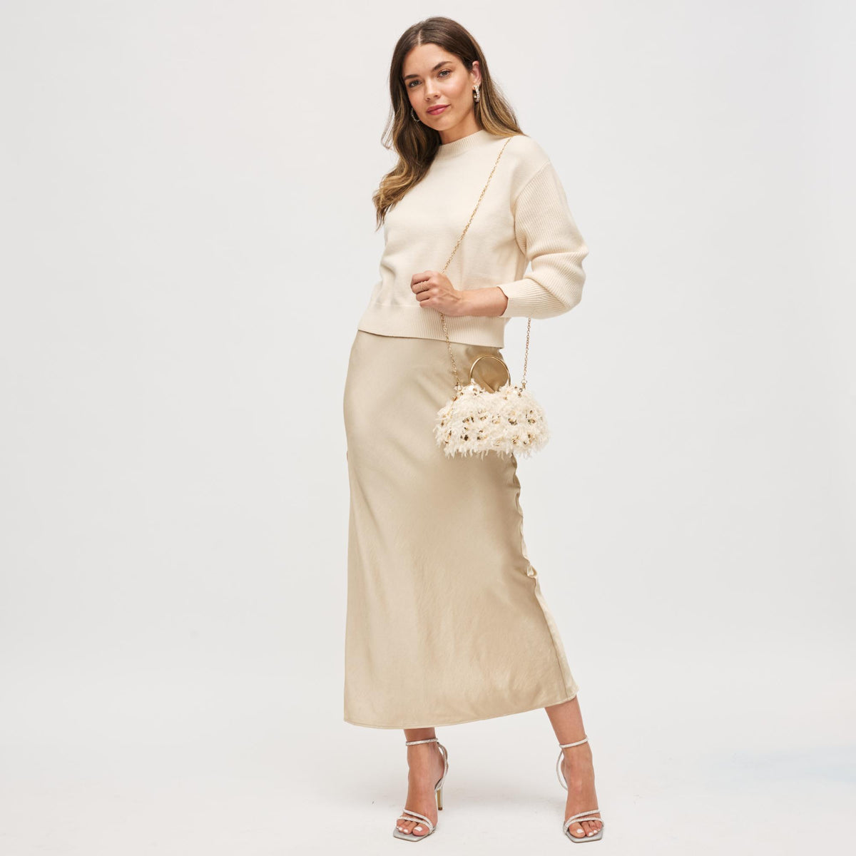 Woman wearing Champagne Urban Expressions Charlotte Evening Bag 840504200953 View 3 | Champagne