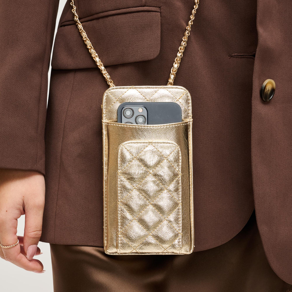Woman wearing Light Gold Urban Expressions Brianna 2.0 Cell Phone Crossbody 840504203787 View 4 | Light Gold