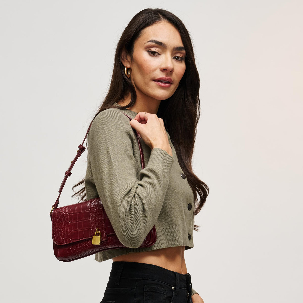 Woman wearing Burgundy Urban Expressions Marsilee Shoulder Bag 840504212253 View 3 | Burgundy