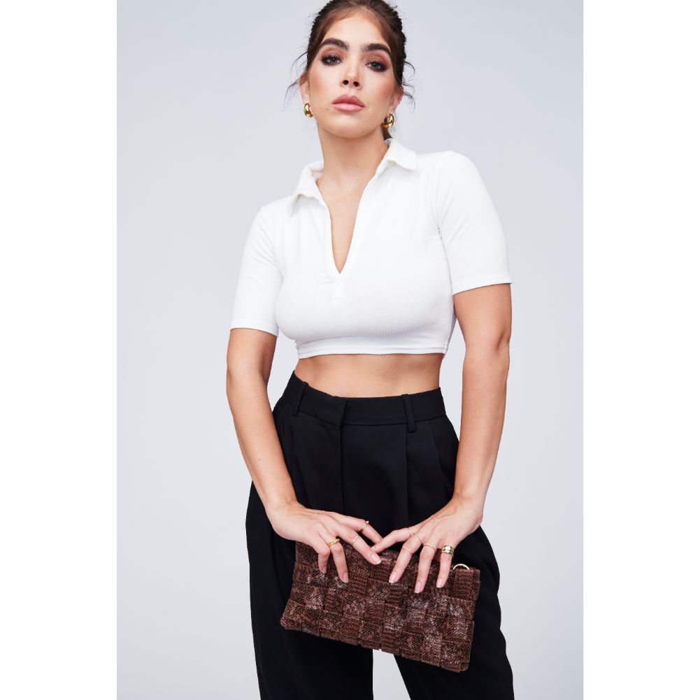 Woman wearing Chocolate Urban Expressions Malika Clutch 818209010443 View 2 | Chocolate