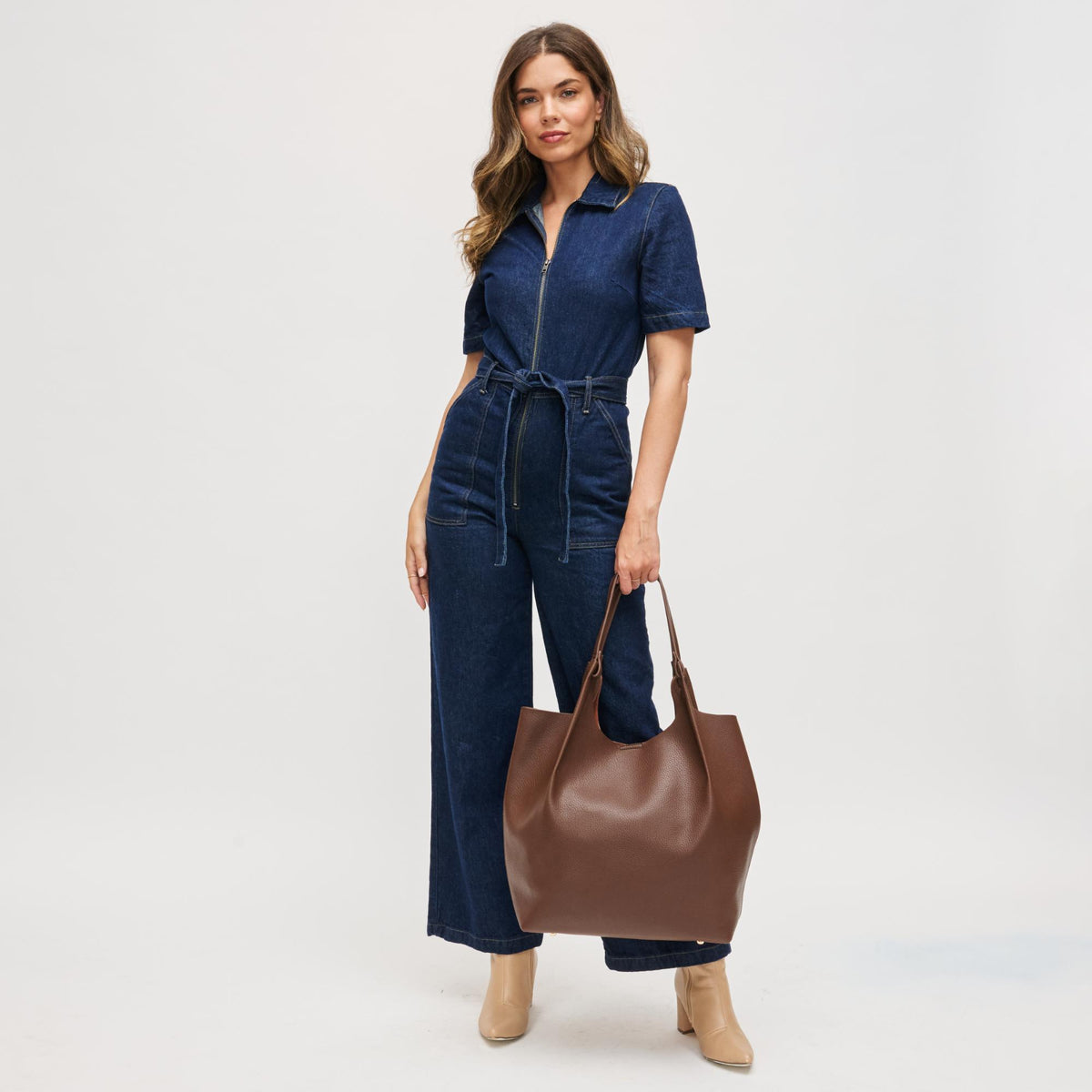 Woman wearing Chocolate Urban Expressions Maeve Tote 840611198884 View 3 | Chocolate