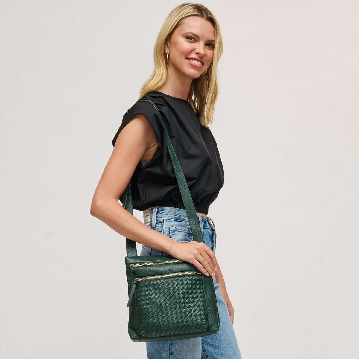 Woman wearing Emerald Urban Expressions Tessera Crossbody 840611197986 View 2 | Emerald