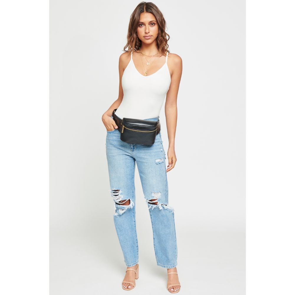 Woman wearing Black Urban Expressions Hawthorn - Perforated Belt Bag NA-840611158611 View 2 | Black