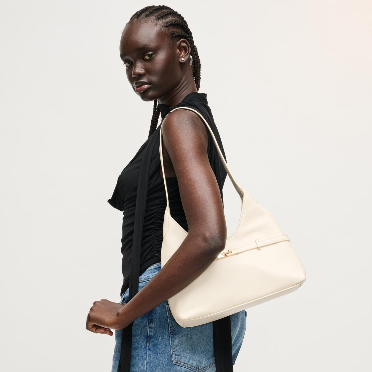 Woman wearing Oatmilk Urban Expressions Camila Shoulder Bag 840504205842 View 2 | Oatmilk