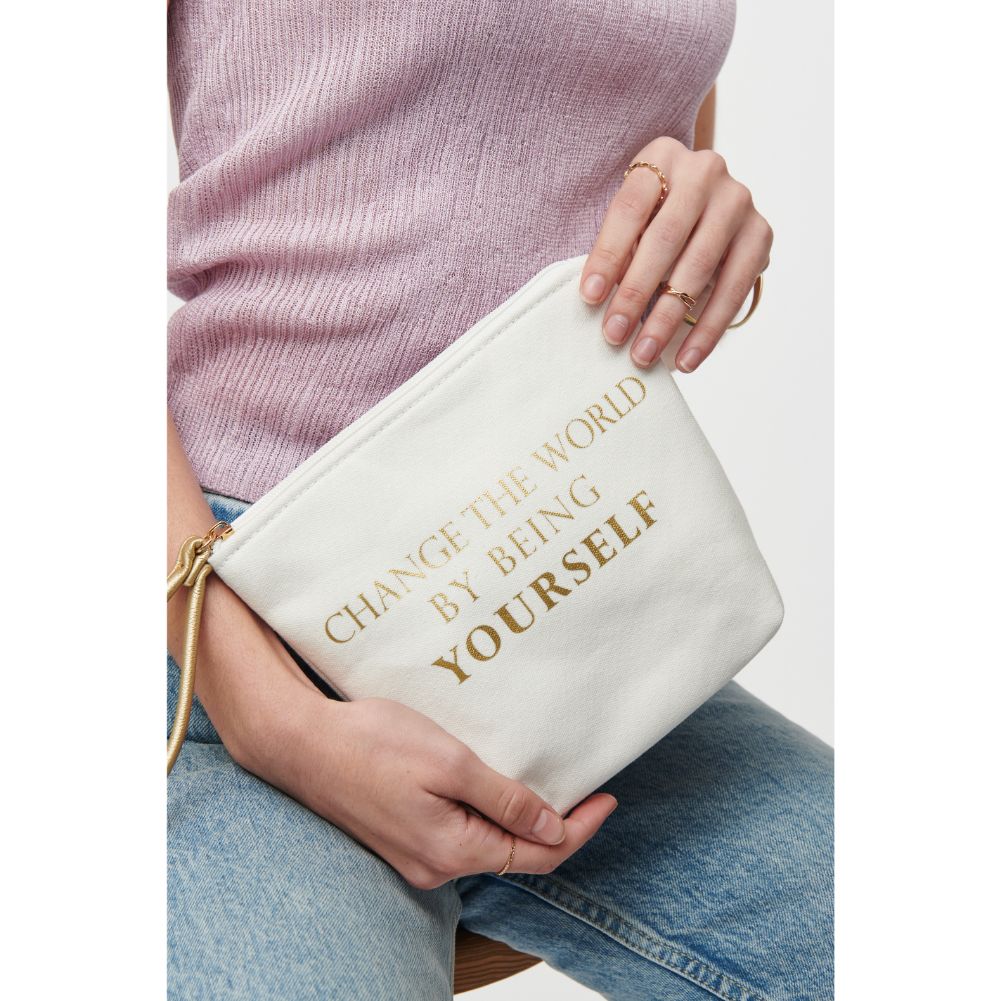 Woman wearing Change The World Urban Expressions Carry-All Writing Wristlet 818209012492 View 1 | Change The World
