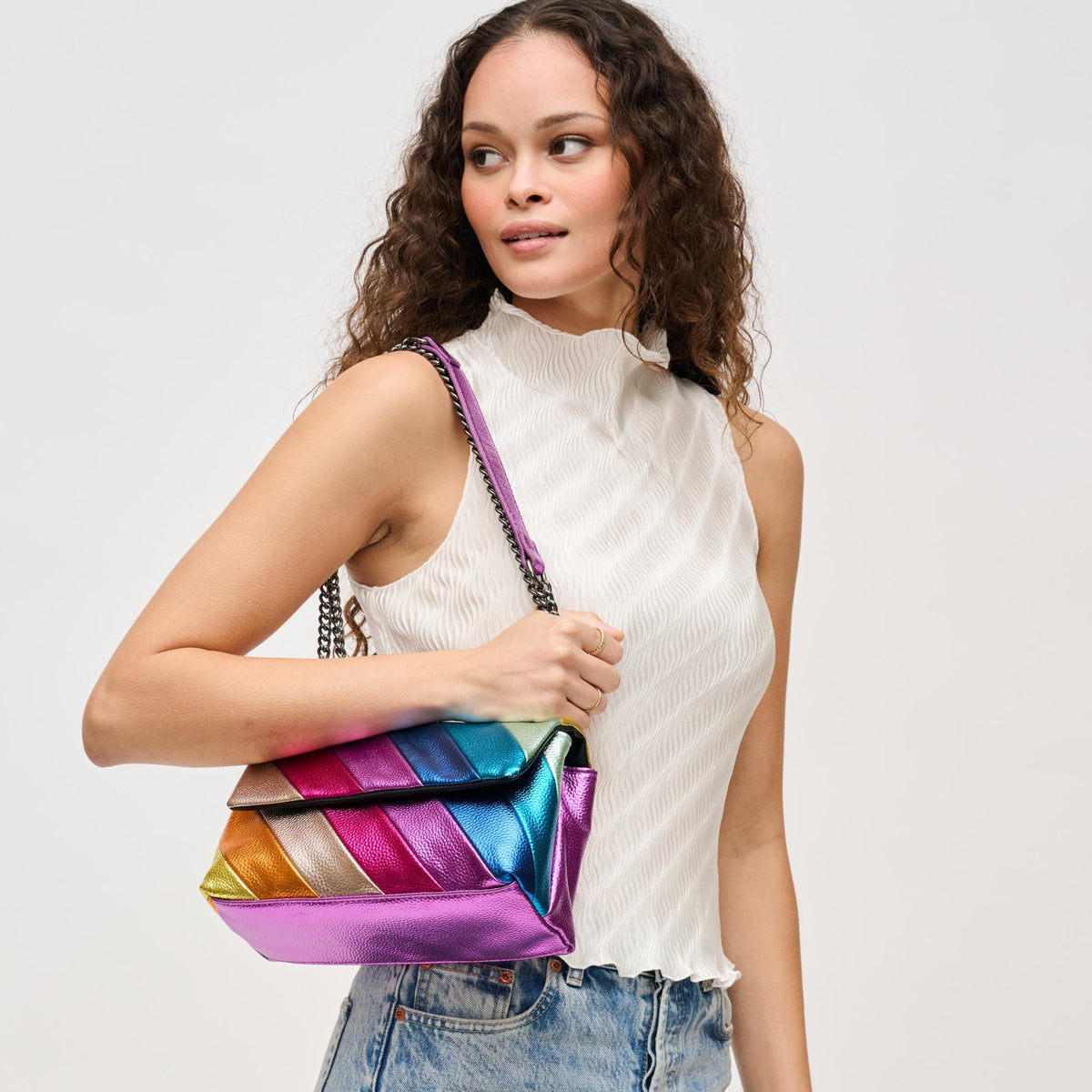 Woman wearing Pink Combo Urban Expressions Rayne Crossbody 840611128300 View 2 | Pink Combo