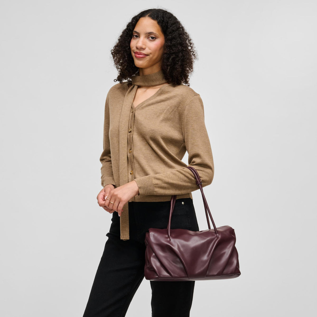 Woman wearing Burgundy Urban Expressions Ryker Satchel 840504213281 View 1 | Burgundy