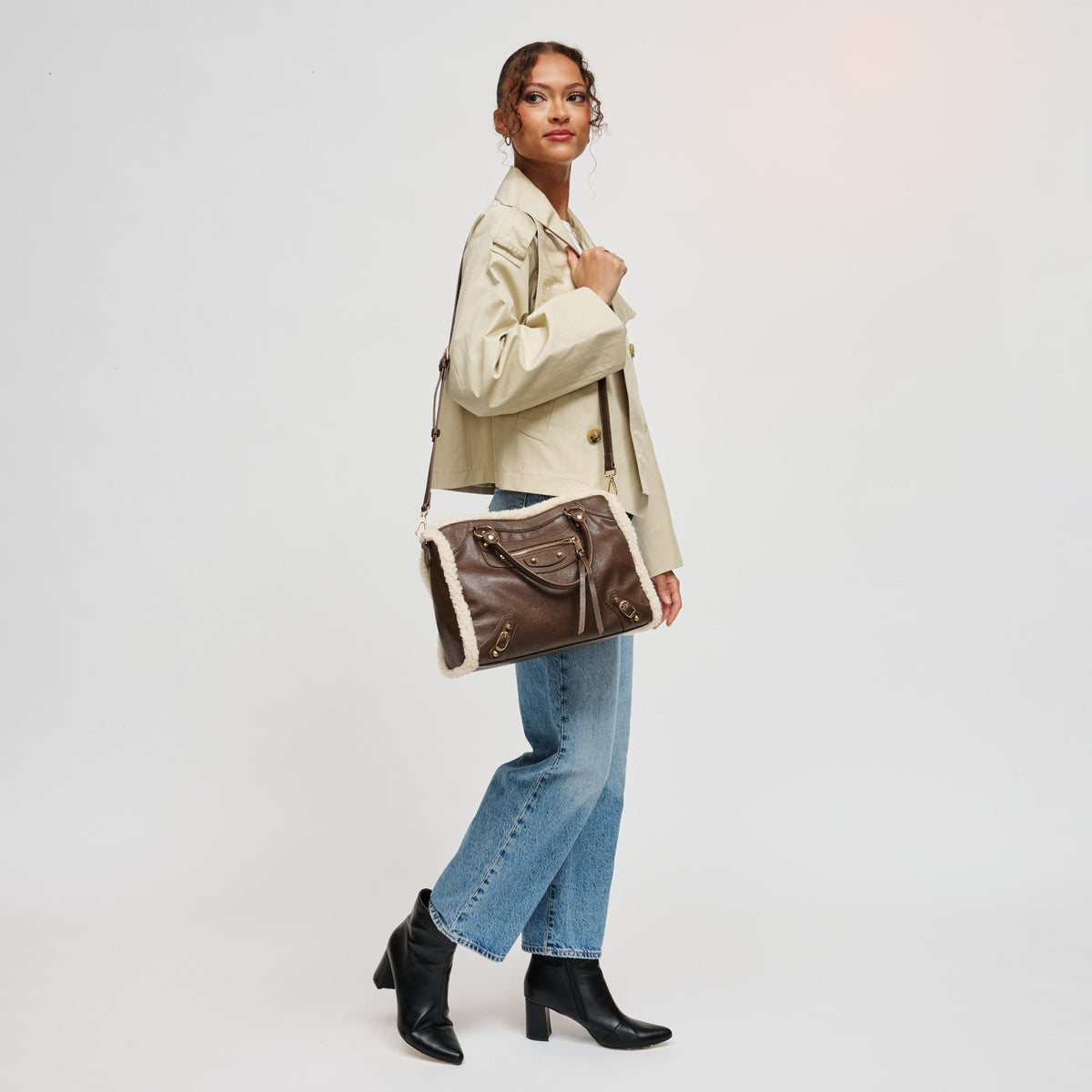 Woman wearing Chocolate Urban Expressions Seraphina Satchel 840504211928 View 3 | Chocolate