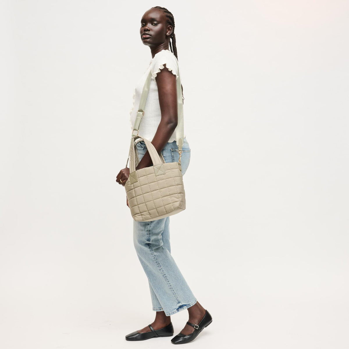 Woman wearing Sage Urban Expressions Lumina Tote 840504205989 View 2 | Sage