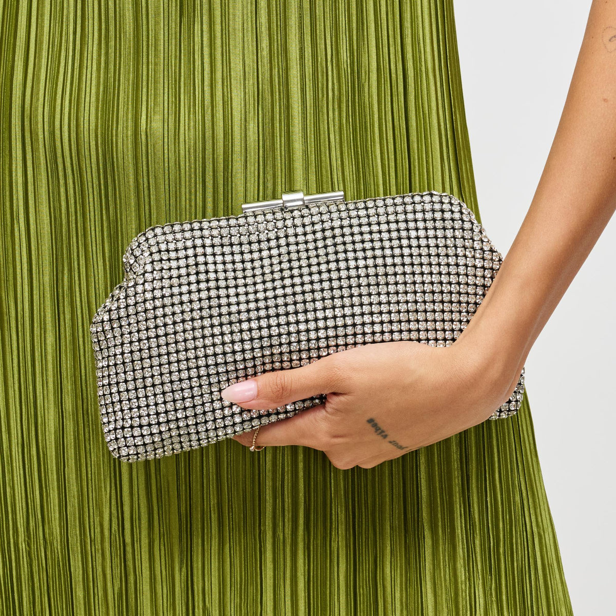 Woman wearing Silver Urban Expressions Delfina Evening Bag 840611198655 View 1 | Silver