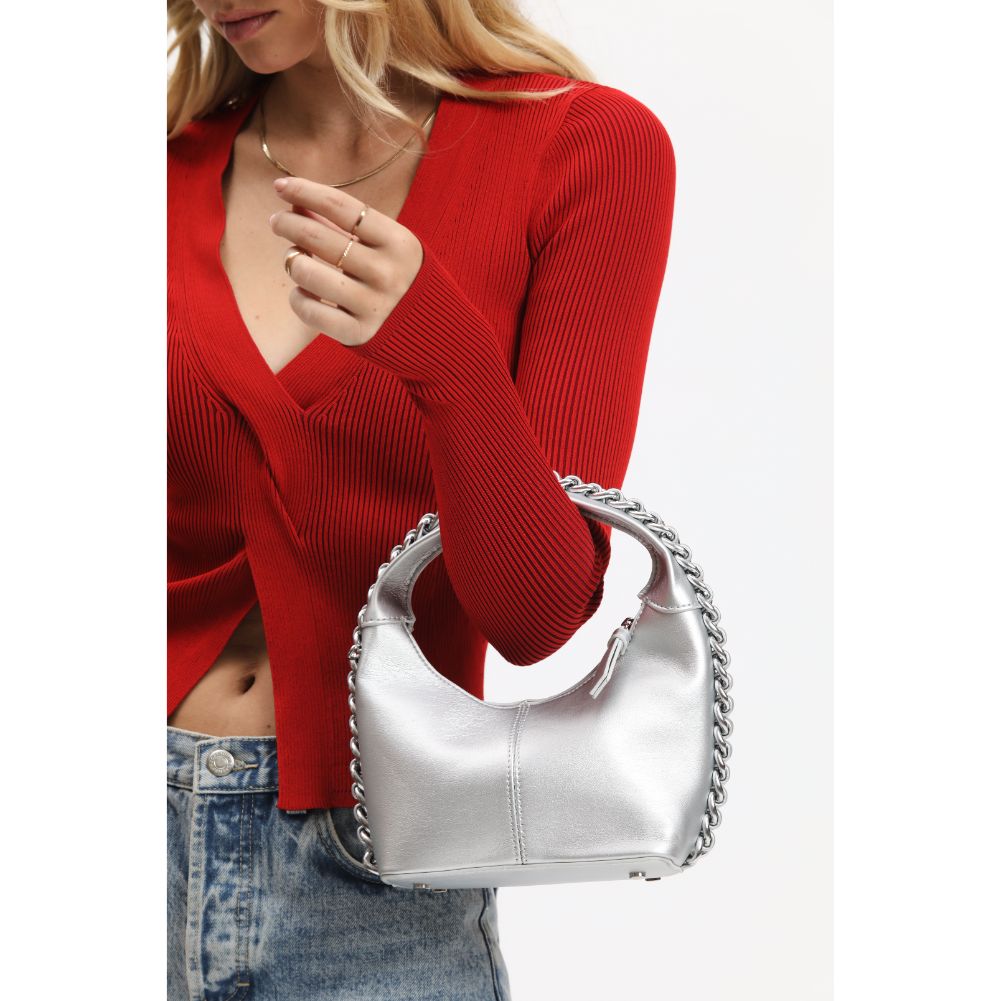 Woman wearing Silver Urban Expressions Lita Crossbody 840611114013 View 1 | Silver