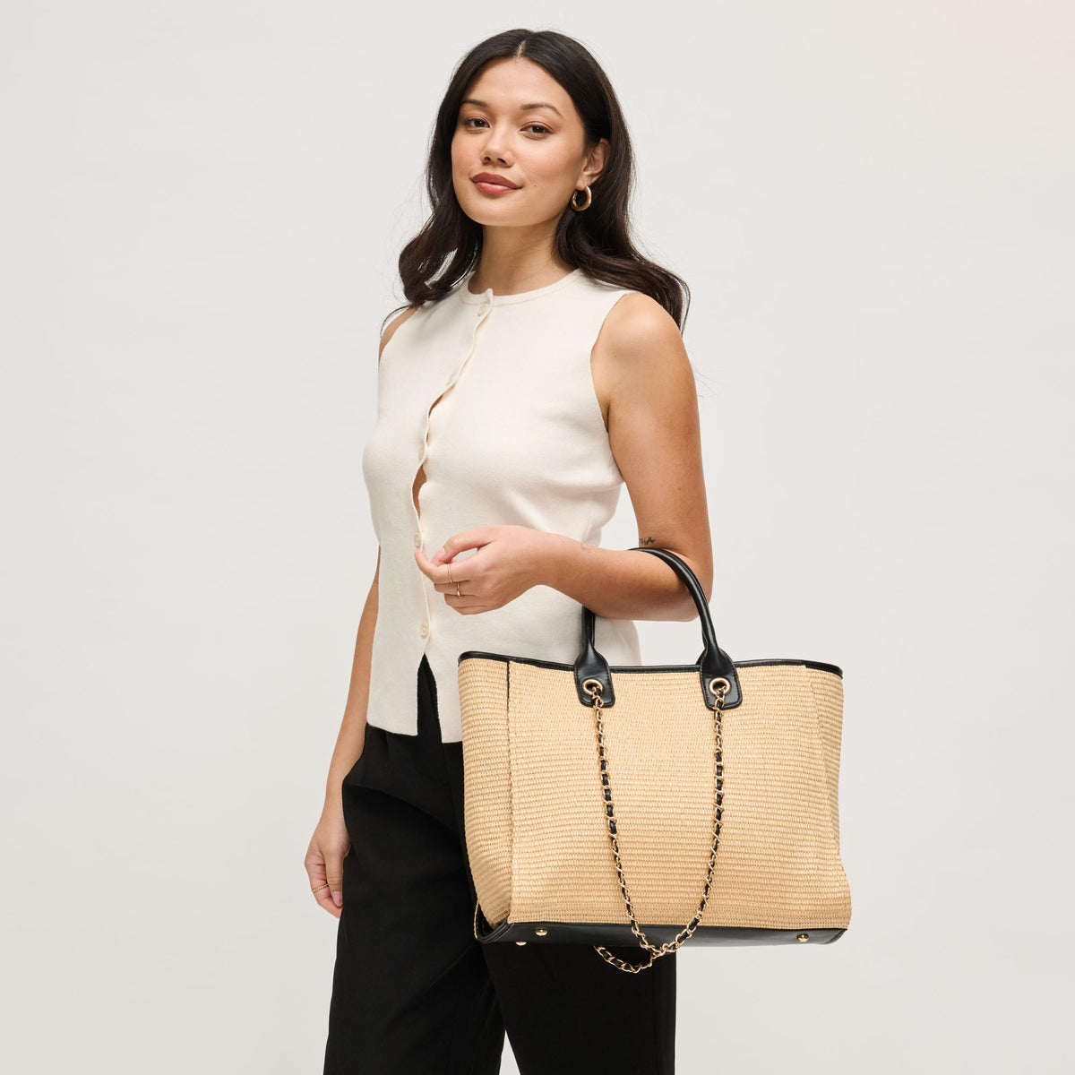 Woman wearing Natural Black Urban Expressions Jaxon Tote 840504205026 View 1 | Natural Black