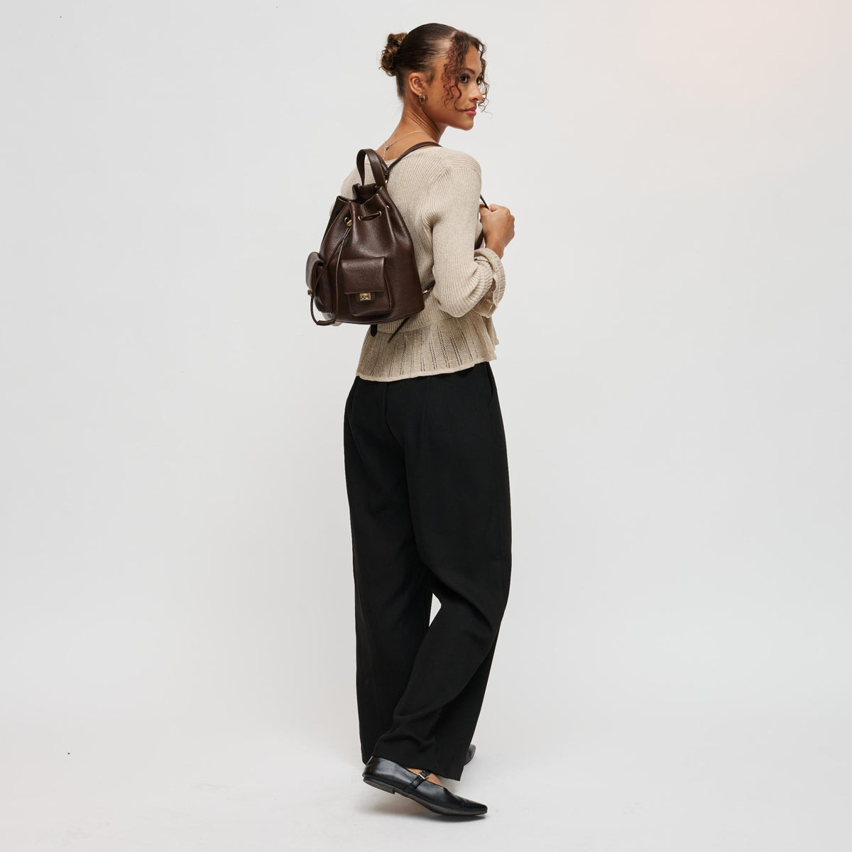 Woman wearing Espresso Urban Expressions Clearfield Backpack 840504212376 View 4 | Espresso