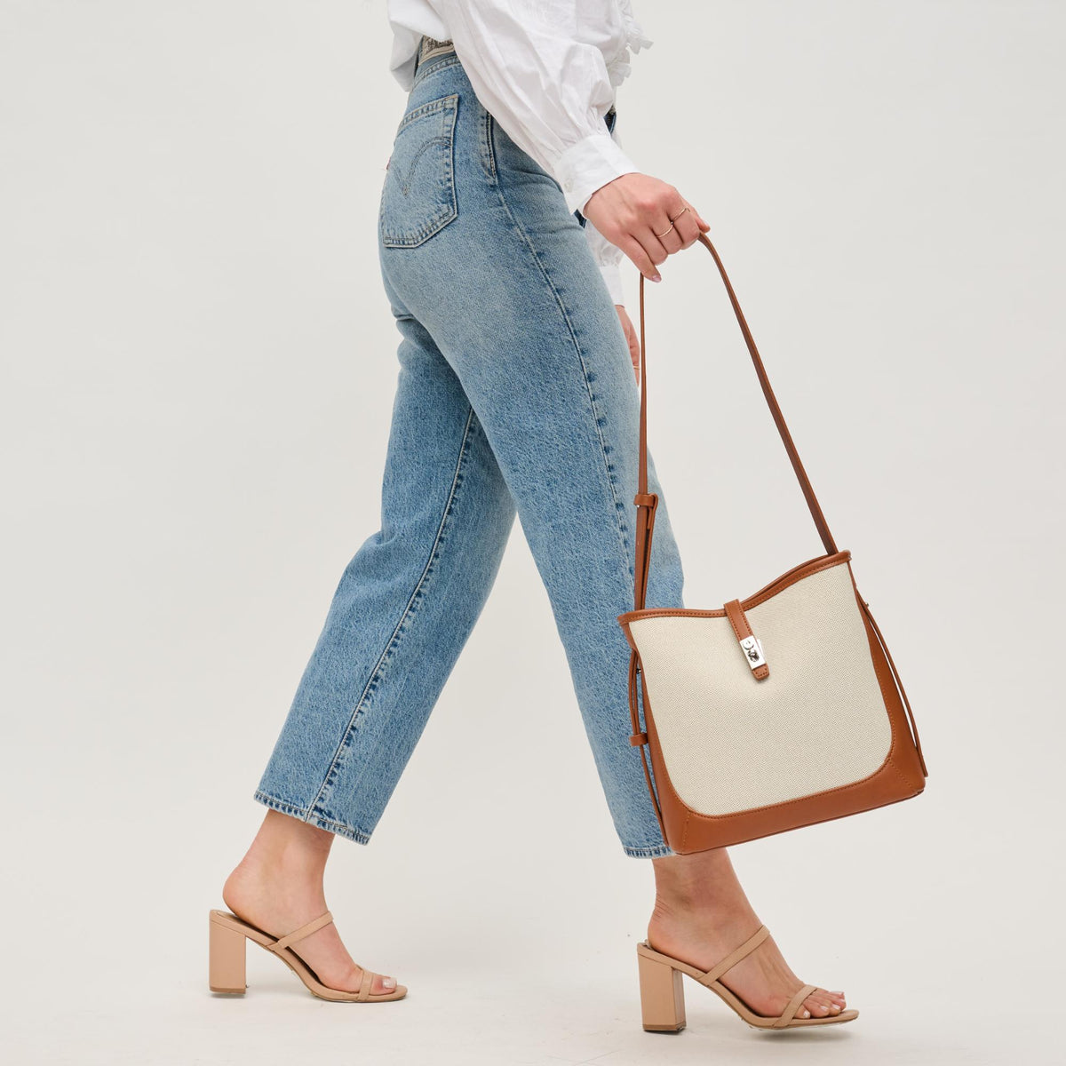 Woman wearing Tan Ivory Urban Expressions Mabel Bucket 840611156419 View 3 | Tan Ivory