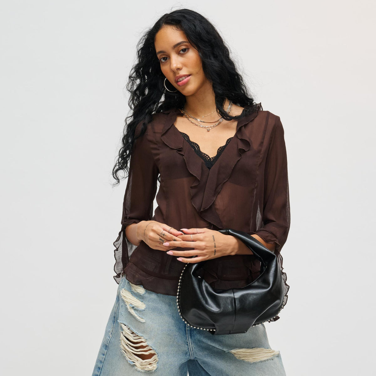 Woman wearing Black Urban Expressions Porsha Clutch 840611199256 View 3 | Black
