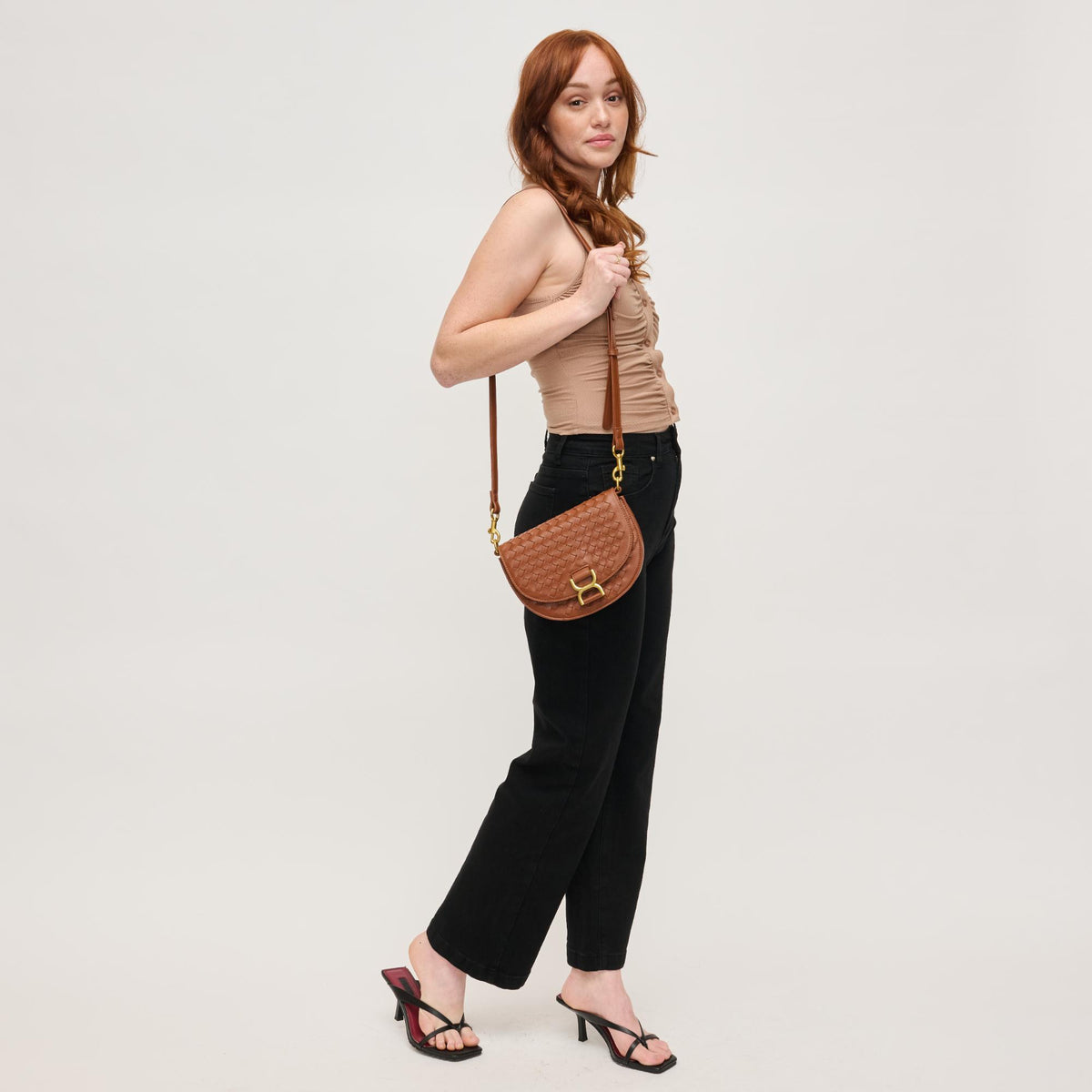 Woman wearing Light Chocolate Urban Expressions Alise Crossbody 840611143402 View 3 | Light Chocolate