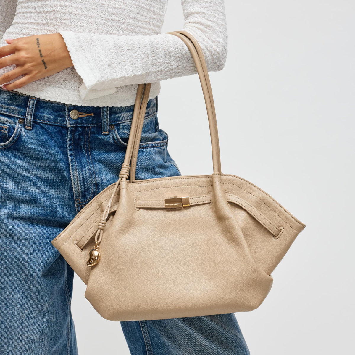 Woman wearing Almond Urban Expressions Monroe Satchel 840504200823 View 1 | Almond