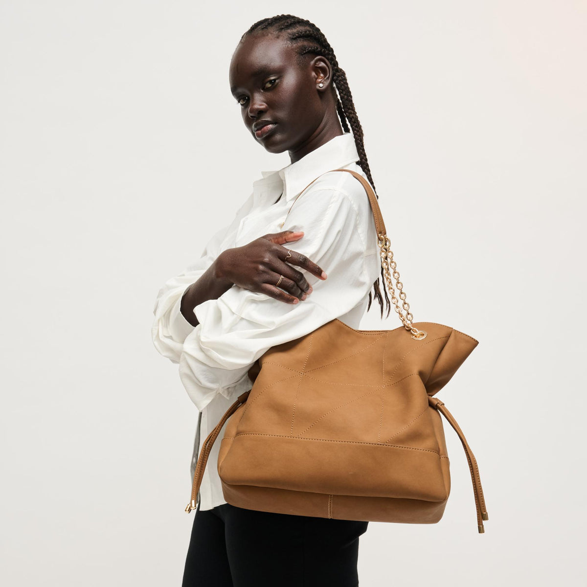 Woman wearing Cognac Urban Expressions Kinsley Tote 840504206405 View 1 | Cognac