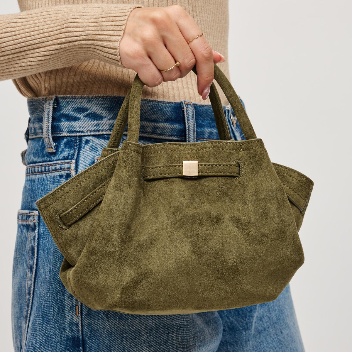 Woman wearing Olive Urban Expressions Selena - Faux Suede Crossbody 840611199195 View 4 | Olive