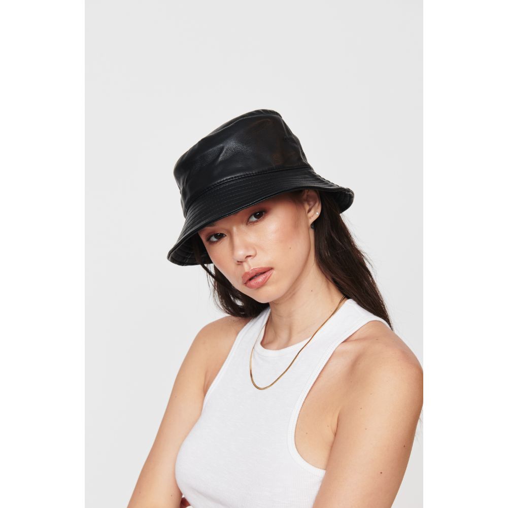 Woman wearing Black Urban Expressions Vegan Leather Bucket Hat Bucket Hat 818209014779 View 1 | Black