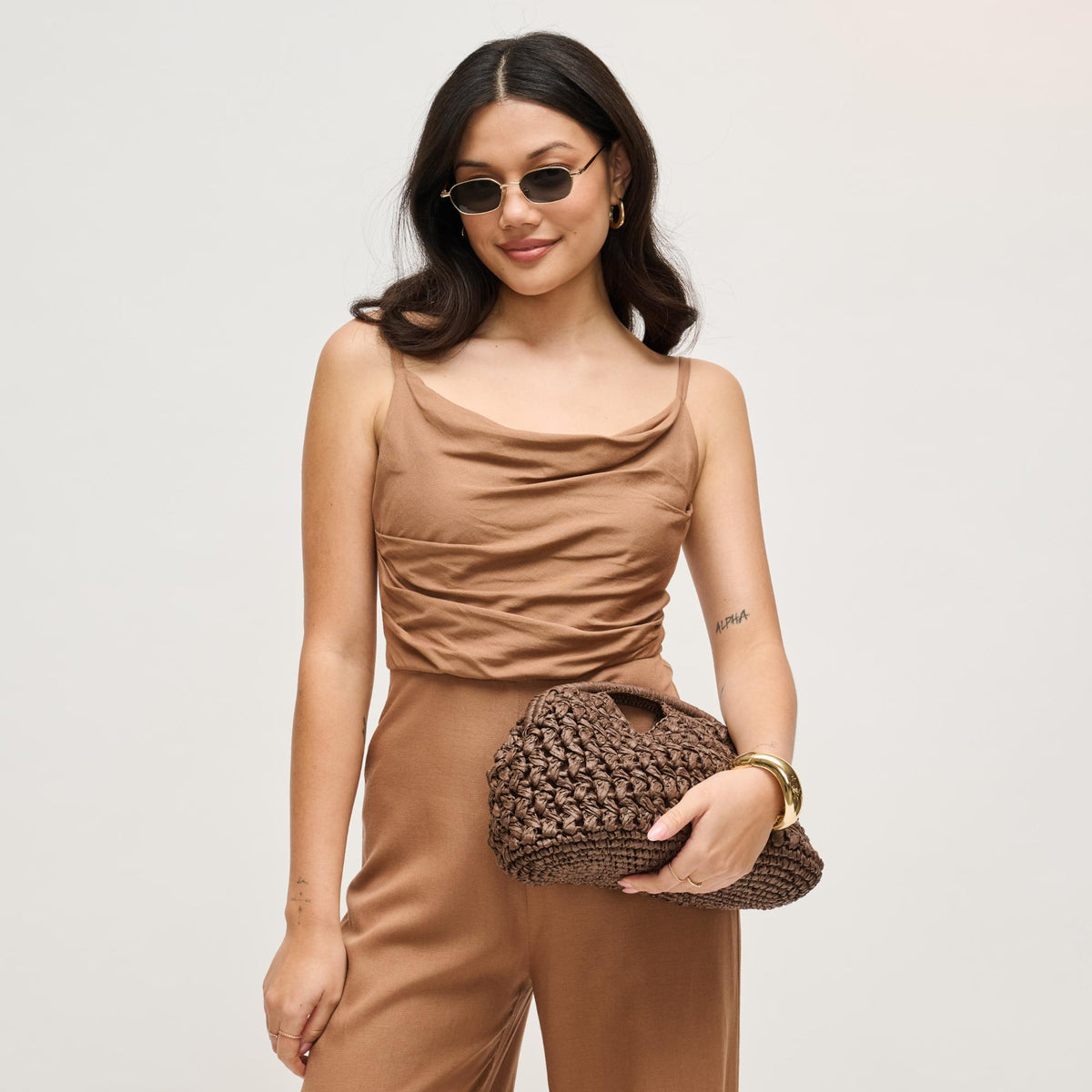 Woman wearing Chocolate Urban Expressions Abigail Crossbody 840504204104 View 4 | Chocolate