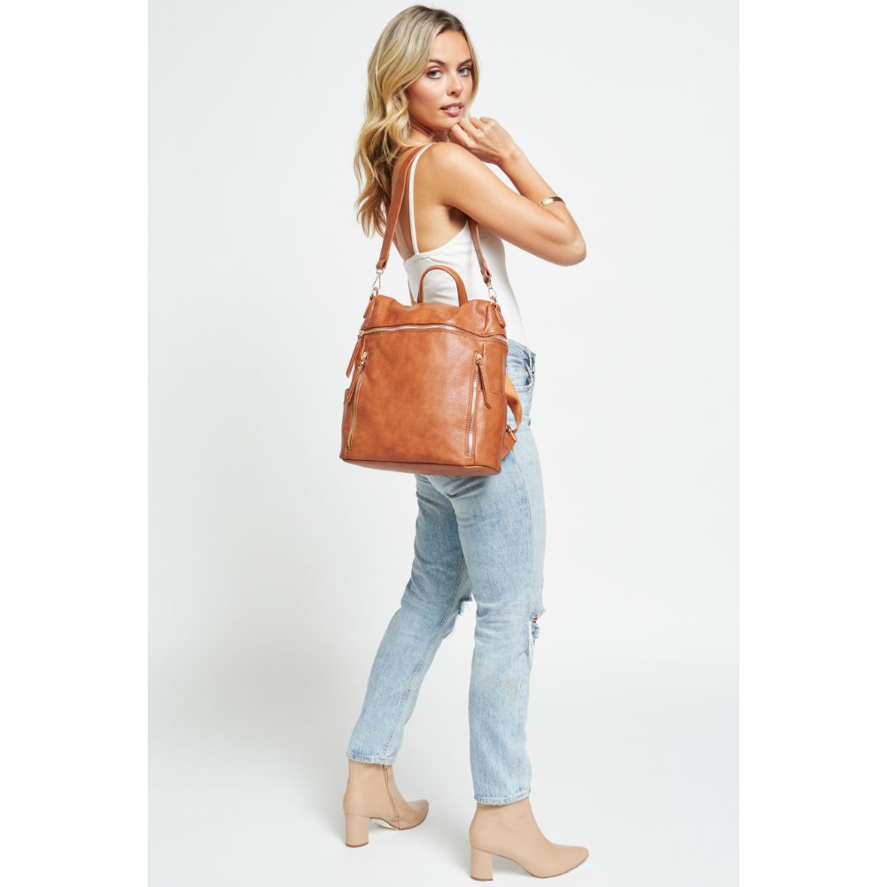 Woman wearing Tan Urban Expressions Jefferson Backpack 840611179746 View 2 | Tan