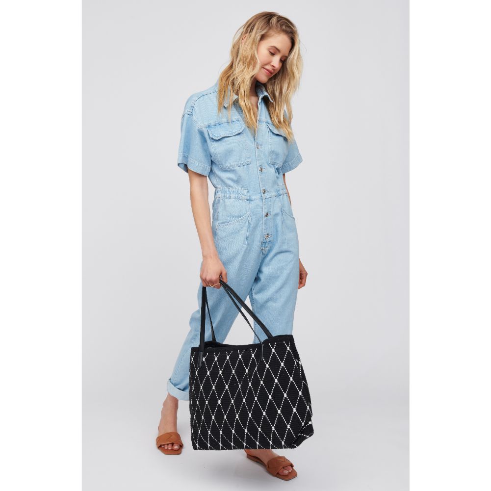 Woman wearing Black White Urban Expressions Pauline Tote 818209017954 View 3 | Black White