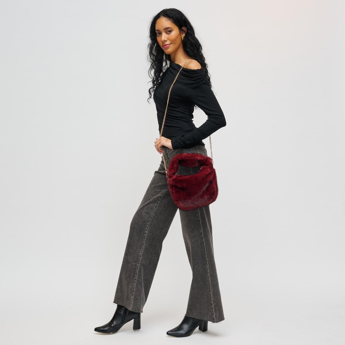 Woman wearing Burgundy Urban Expressions Monica - Faux Fur Crossbody 840611199546 View 4 | Burgundy