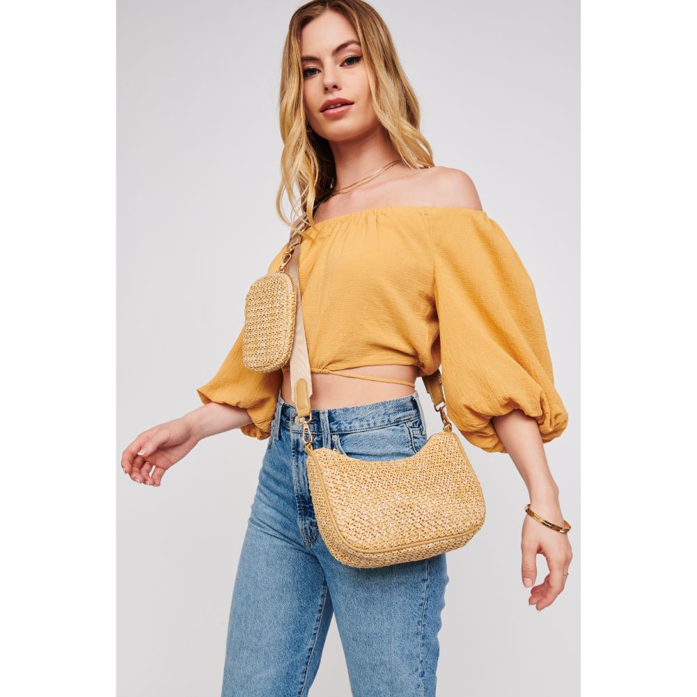 Woman wearing Natural Urban Expressions Joss Straw Crossbody 818209019873 View 1 | Natural
