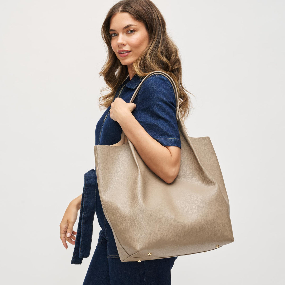 Woman wearing Taupe Urban Expressions Maeve Tote 840611198891 View 1 | Taupe