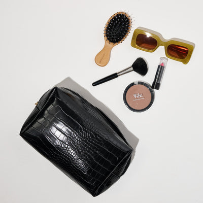 Woman wearing Black Urban Essentials Croc Chic Cosmetic & Travel Organizer Pouch 840611197269 View 1 | Black