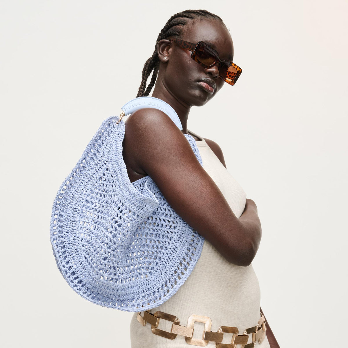 Woman wearing Periwinkle Urban Expressions Camden Hobo 840504208942 View 2 | Periwinkle