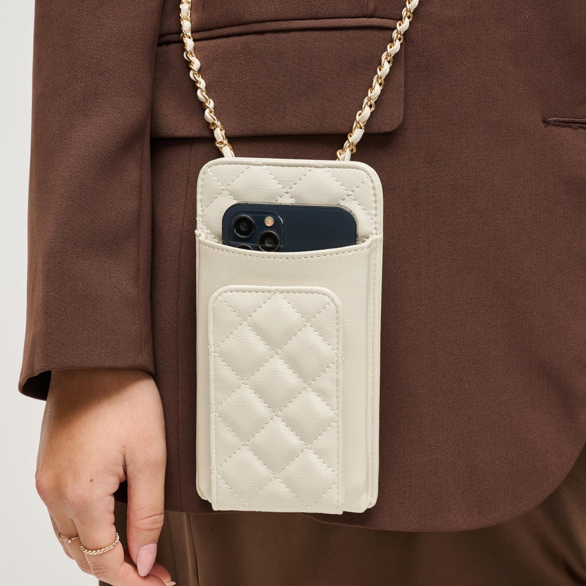 Woman wearing Ivory Urban Expressions Brianna 2.0 Cell Phone Crossbody 840504203763 View 1 | Ivory