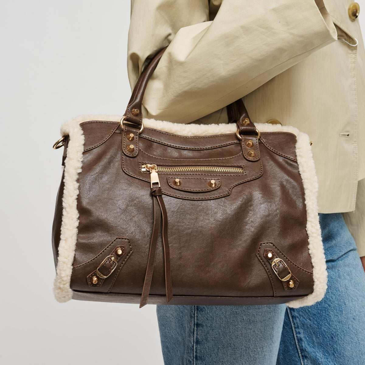 Woman wearing Chocolate Urban Expressions Seraphina Satchel 840504211928 View 2 | Chocolate