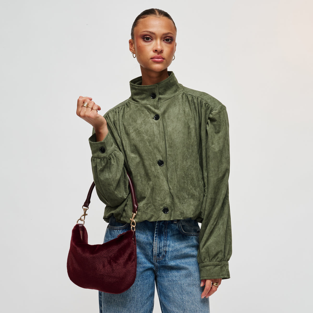 Woman wearing Burgundy Urban Expressions Jordan - Faux Fur Crossbody 840504211843 View 3 | Burgundy