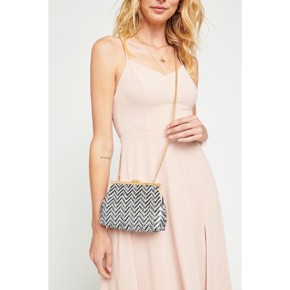 Woman wearing Black White Urban Expressions Billie Evening Bag 840611165176 View 3 | Black White