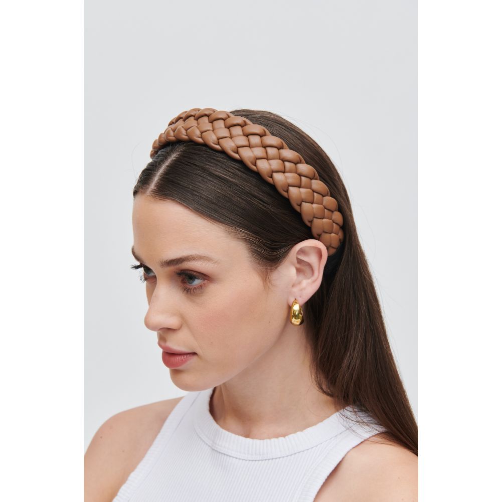 Woman wearing Mocha Urban Expressions Braided Vegan Leather Headband Headband 818209014304 View 2 | Mocha