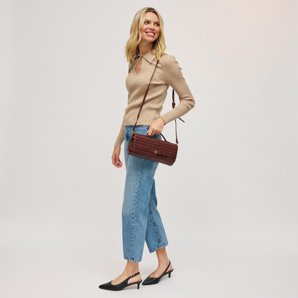 Woman wearing Chocolate Urban Expressions Emerson Crossbody 840611198358 View 2 | Chocolate